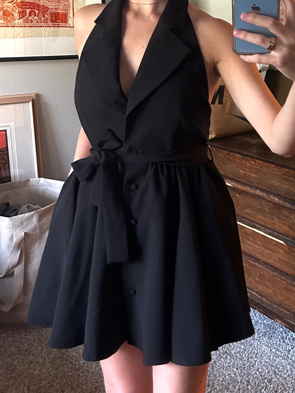 AKIRA Black Halter Tie-Waist Mini Dress Medium